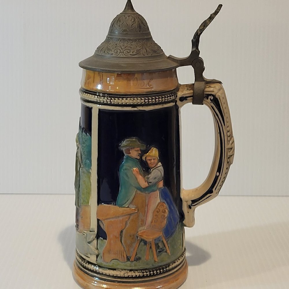 Vintage German Beer Stein Pewter Lid 8.5 in Tall Hand Painted Couple 0.5 L